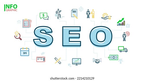 Top SEO Trends To Rank Your Website In 2023 And Ahead. Search Engine Optimization. Info Graphics, Icons Template For Business, Presentation Flat Design, Options Signs. Can Used In Business Technology