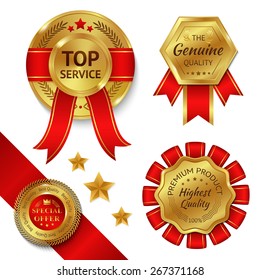 Top service awards premium quality ribbons and gold medals set isolated vector illustration