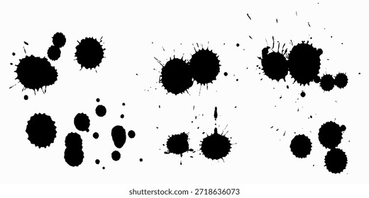 Conjunto superior de salpicaduras de tinta negra sobre un fondo blanco, salpicaduras de tinta negra, Vector de salpicaduras de tinta grunge negro