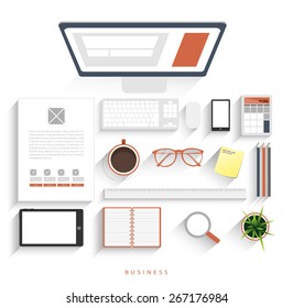 top set coffee cup and business working on white ground vector