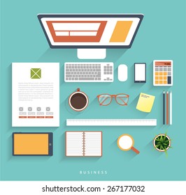 top set coffee cup and business working vector