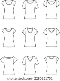 Top set flat sketch. Summer shirt apparel design. Front view. Women CAD mockup. Fashion technical drawing template. Vector illustration.