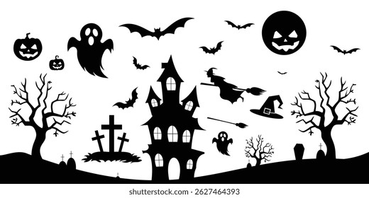 Top set icon halloween logo design shilouete , haunted house