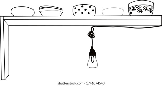 Top shelf with dishes and a light bulb on a cord. A linear pattern. Vector graphics