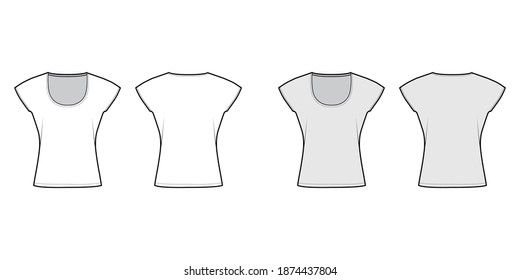 Top with short batwing sleeves technical fashion illustration with relax fit, under waist length, round neckline. Flat apparel blouse template front, back white grey color. Women men unisex CAD mockup