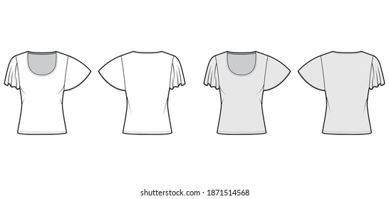 Top with short circle sleeves technical fashion illustration with relax fit, under waist length, round neckline. Flat apparel blouse template front, back white grey color. Women men shirt CAD mockup