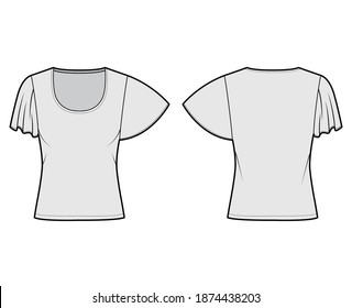Top with short circle sleeves technical fashion illustration with relax fit, under waist length, round neckline. Flat apparel blouse template front, back grey color. Women men unisex shirt CAD mockup