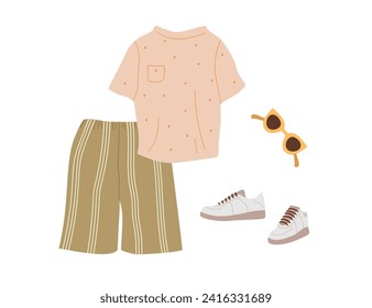 Top and shorts Casual clothing set. Sneakers, top, shorts in modern street style. Casual fashionable clothes for walking in sunny weather. Flat vector illustration isolated on white background