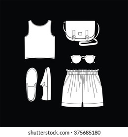 top, shorts, sunglasses, shoes bag