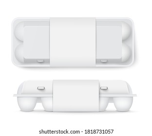 Top and side templates of blank white egg container with paper label, realistic vector illustration isolated on white background. Egg package mockup for product identity.