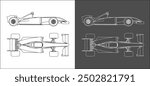 Top and side view of f1 formula 1 . racing car line art draw blueprint wireframe. isolated on transparent background