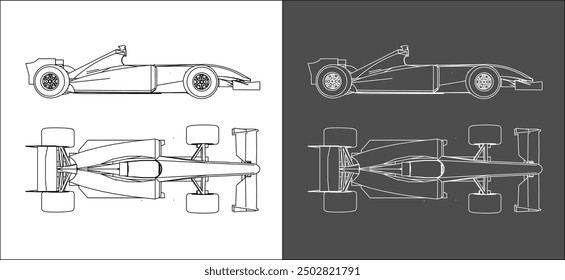 Top and side view of f1 formula 1 . racing car line art draw blueprint wireframe. isolated on transparent background