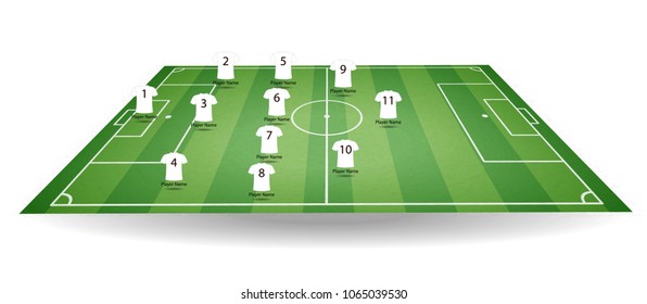 Top and side view of football field with team players t-shirt. Textured soccer field in perspective. Green tactic mockup. Vector illustration.