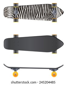 A top and side view of a skateboard on a white background