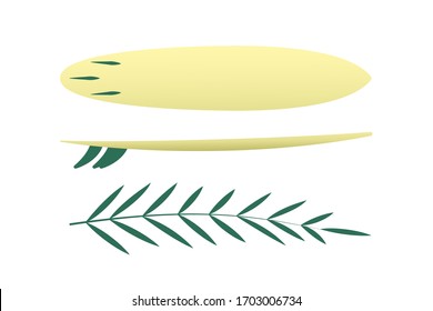 Top and side view of surfboard, surf board. Yellow surfboard and tropical plant leafs on white isolated background. Vintage, retro style surf board. Vector illustration