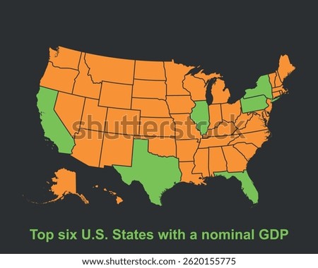 Top six U.S. States with a nominal GDP. United States economy map vector illustration.