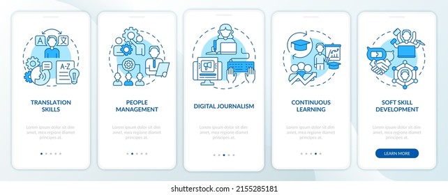 Top skills for college student resume blue onboarding mobile app screen. Walkthrough 5 steps graphic instructions pages with linear concepts. UI, UX, GUI template. Myriad Pro-Bold, Regular fonts used