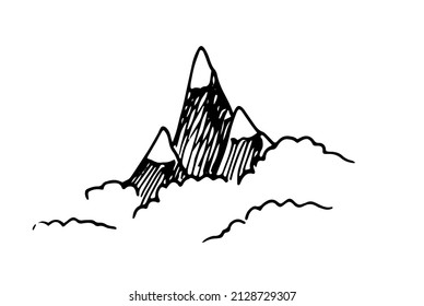the top of a snowy mountain among clouds or forests. three mountains with ice on top, hand-drawn with a black line on white. mountain peaks bottom view simple doodle style drawing for design template