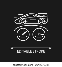 Top speed white linear icon for dark theme. Sports car racing. Detecting vehicle speed. Thin line customizable illustration. Isolated vector contour symbol for night mode. Editable stroke
