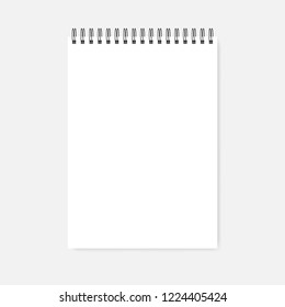 Top spiral blank notebook, realistic vector mock-up. Wire bound empty notepad template. White A4 diary mockup.