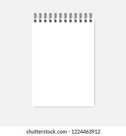 Top spiral blank notebook, realistic vector mock-up. Wire bound empty notepad template. White A5 diary mockup.