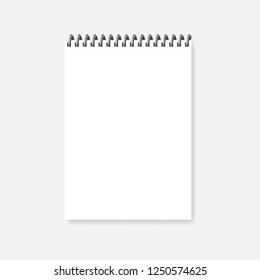 Top spiral blank notebook, realistic vector mock-up. Wire bound empty notepad template. White A4 diary mockup.
