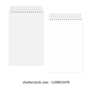 Top spiral dot grid notebook: page and cover, realistic vector mockup. Wire bound junior legal size notepad, mock up. Loose leaf note book, template