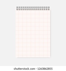 Top spiral grid lined notebook, realistic mock-up. Wire bound cross section squared paper notepad template. A4 note book, mockup.