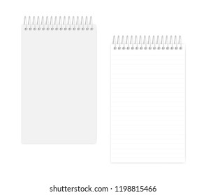 Top spiral lined notebook: page and cover, realistic vector mockup. Wire bound junior legal size notepad, mock up. Loose leaf note book isolated on white background, template