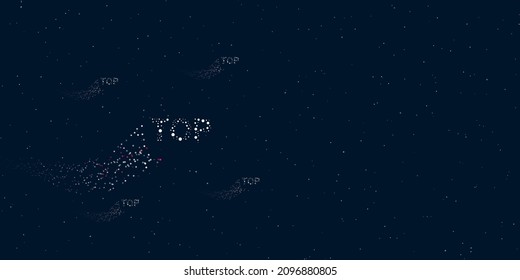 A top symbol filled with dots flies through the stars leaving a trail behind. Four small symbols around. Empty space for text on the right. Vector illustration on dark blue background with stars