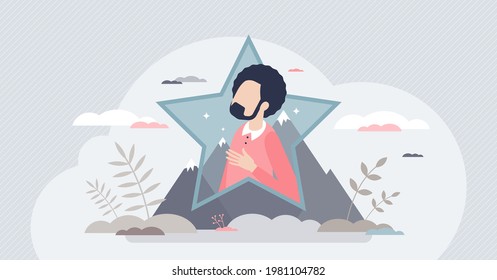 Top talent or best professional skills employee with star tiny person concept. Unique and successful business staff performance with peak productivity vector illustration. Mountain as goal symbol.