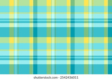 Vetor de textura tartan superior, padrão de fundo de tecido arrumado. Design sem costura xadrez verificar têxtil na paleta de cores ciano e amarelo.