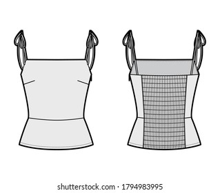 Top technical fashion illustration with close fit, tie-fastening shoulder straps, shirred back. Flat outwear camisole apparel template front, back, grey color. Women, men, unisex shirt CAD mockup