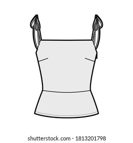 Top technical fashion illustration with close fit, tie-fastening shoulder straps, shirred back. Flat outwear camisole apparel template front, grey color. Women, men, unisex shirt CAD mockup