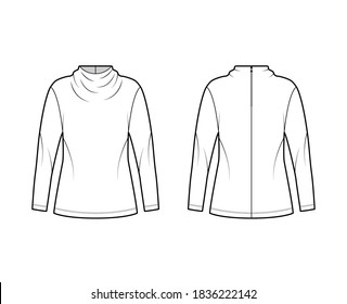 Top technical fashion illustration with elegant draped neckline, long sleeves, oversized, back button-fastening keyhole. Flat blouse apparel template front back white color. Women men unisex shirt CAD