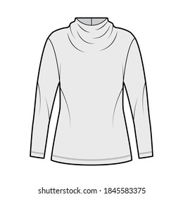 Top technical fashion illustration with elegant draped neckline, long sleeves, oversized, back button-fastening keyhole. Flat blouse apparel template front, grey color. Women men unisex shirt CAD