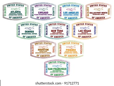 Los diez mejores sellos de pasaporte del aeropuerto de EE.UU. en formato vectorial.