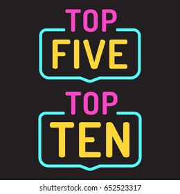 Top ten, five. Two badge icons, signs. Flat vector illustration on black background.