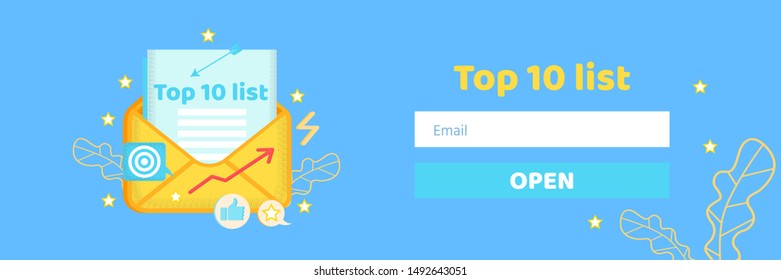 Top Ten List Building for Directed Email Marketing Header Banner. Advertising Digital Campaign. Cartoon Envelop with Social Media, Video Icons. Field for Entering E-Address. Vector Flat Illustration