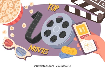 Fundo dos dez principais objetos de cinema de filmes. Pessoa mão comprando ingressos on-line no smartphone, rolo de filme, clapper, pipoca. Mídia de vídeo, entretenimento, cinematografia conceito cartaz vetor ilustração