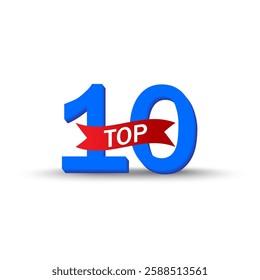 Top ten number. Red ribbon label. Ranking position symbol. Bold vector text.