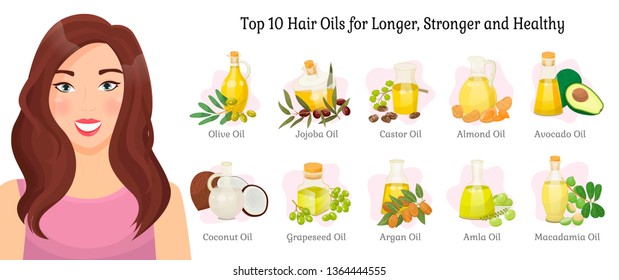 Top ten oils vector advertisement for longer, stronger and healthy hair. Vector olive and jojoba, castor and almond, illustrations of oil for hair, avocado and coconut, grapeseed, argan, amla