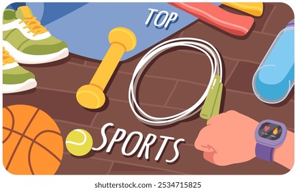 Top 10 equipamentos de treinamento esportivo fundo. Dumbbell, treinadores, bolas, esteira de ioga, garrafa de água, rastreador de fitness na mão. Atividade física, treino, exercício conceito poster ilustração vetor plana