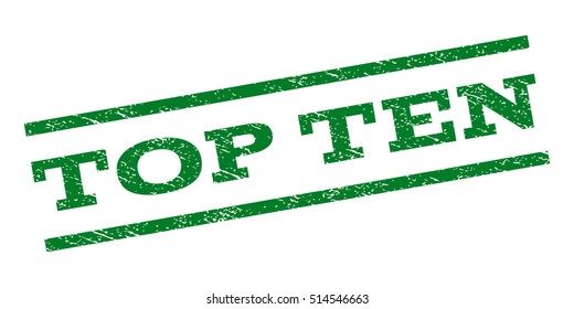 Top Ten watermark stamp. Text tag between parallel lines with grunge design style. Rubber seal stamp with dirty texture. Vector green color ink imprint on a white background.