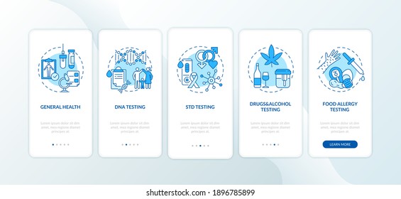 Top testing categories onboarding mobile app page screen with concepts. DNA, STD, drugs testing walkthrough 5 steps graphic instructions. UI vector template with RGB color illustrations