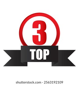 Top three badge. Red number 3. Bold vector design. Black ribbon element.