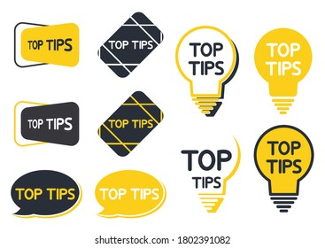 Top tip icon set. Tips and tricks, helpful tricks, emblems and banners. Helpful idea or solution. Vector illustration isolated on white background