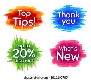 Top tips, 20% discount and whats new. Dirty brush stroke. Thank you phrase. Sale shopping text. Paint, ink watercolor brush stroke. Grunge painbrush dash. Vector