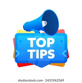 Consejos principales. Insignia con bandera de megáfono, etiqueta. Marketing y publicidad. Ilustración de vector