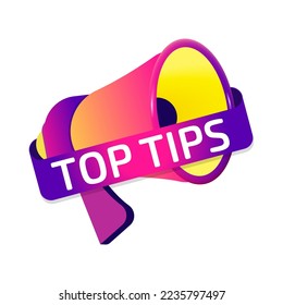 Top Tips banner label, badge icon with megaphone. Flat design